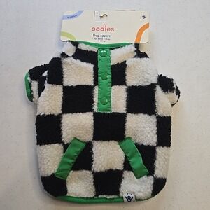 Oodles Dog Apparel Fleece Jacket XS Black White Checkered Green Trim New